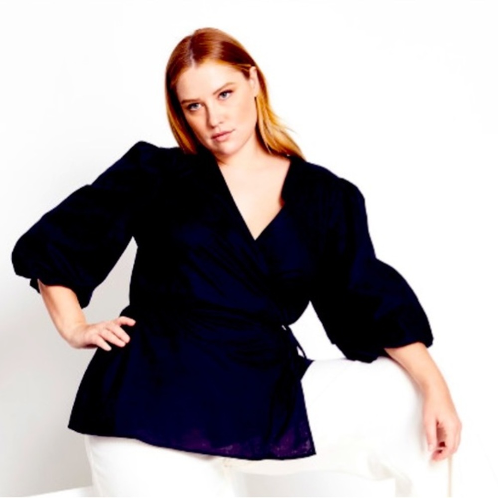 Refinity for City Chic black linen wrap top with balloon sleeves and tie Size 20 - Picture 5 of 16